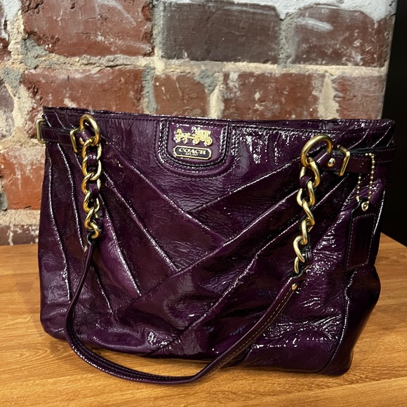 Coach Handbags - Coach Madison Diagonal Pleated Patent Leather Shoulder Handbag plum purple
